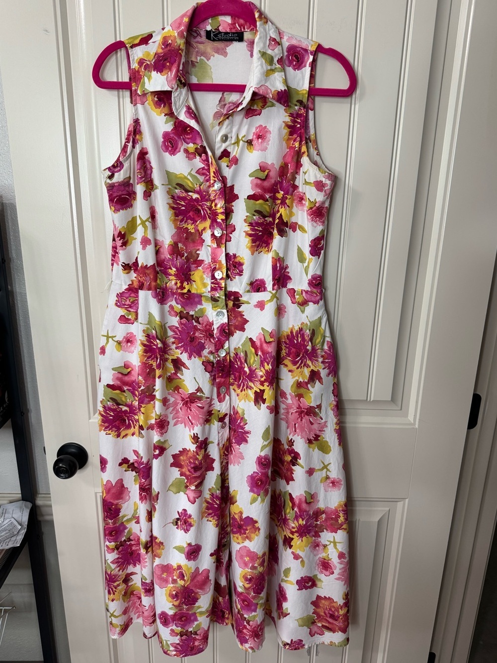 K STUDIO 💐 Floral Collared Midi Dress, Button Front, Pockets (Women’s Large) - Picture 3 of 9